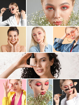 Beauty collage with fashionable young women and cosmetics
