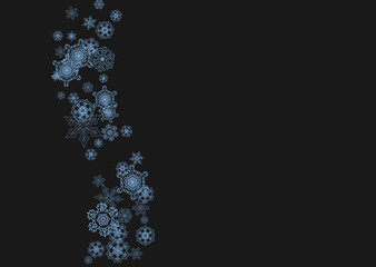 Snowflake border for Christmas and New Year celebration. Holiday snowflake border on black background  with sparkles. For banners, gift coupons, vouchers, ads, party events. Horizontal frosty snow.