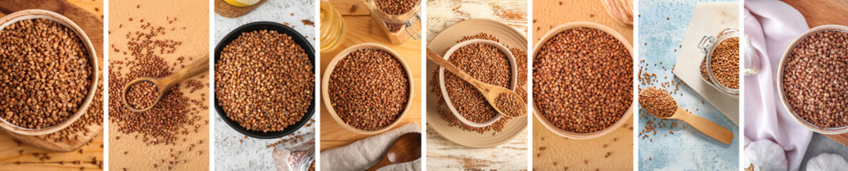 Collage with many raw buckwheat, top view
