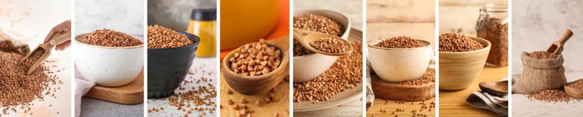 Collage with many raw buckwheat