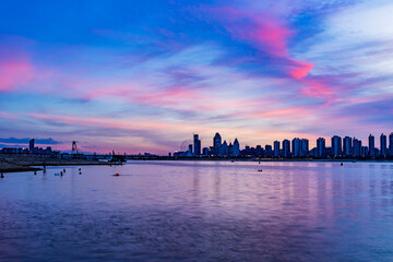 Modern city night skyline with beautiful sunset, Shanghai, China