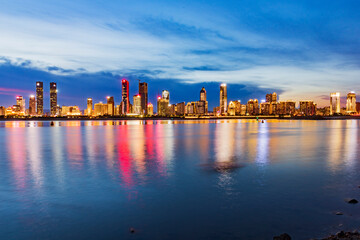 Fototapeta na wymiar Modern city night skyline with beautiful sunset, Shanghai, China