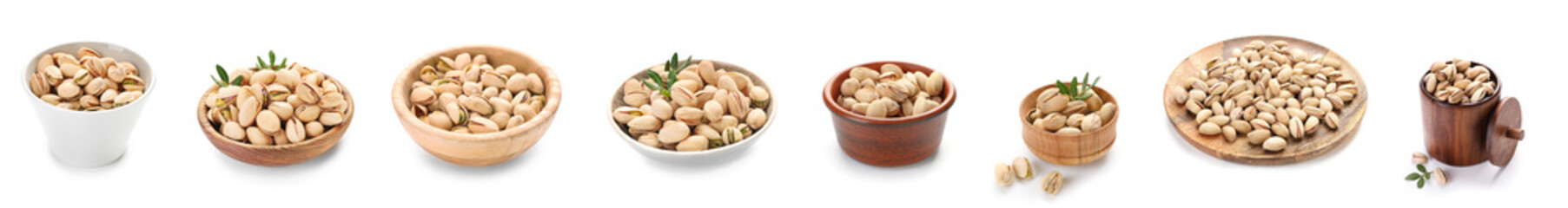 Set of tasty pistachios isolated on white
