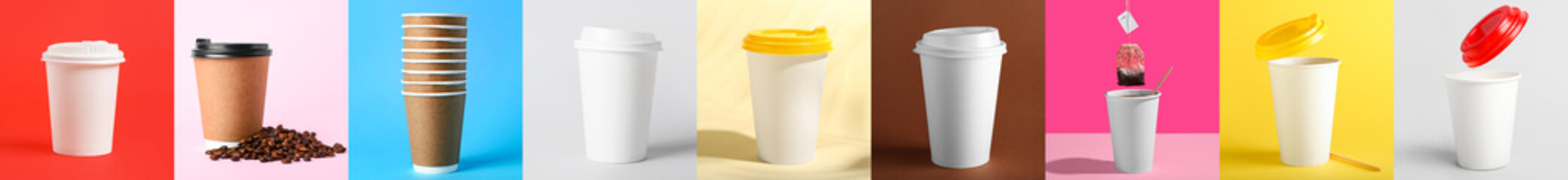Collage with takeaway paper cups on color background