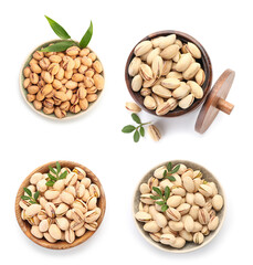 Set of bowls with tasty pistachios isolated on white, top view