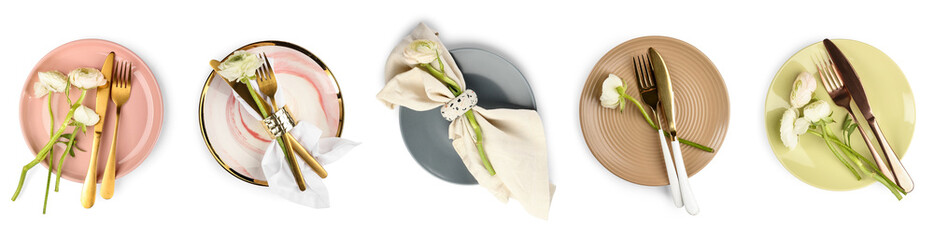 Set of table setting with flowers isolated on white, top view