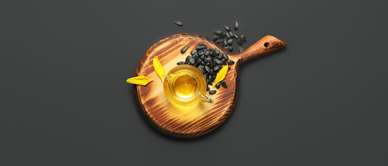Wooden board, jug of sunflower oil and seeds on dark background, top view