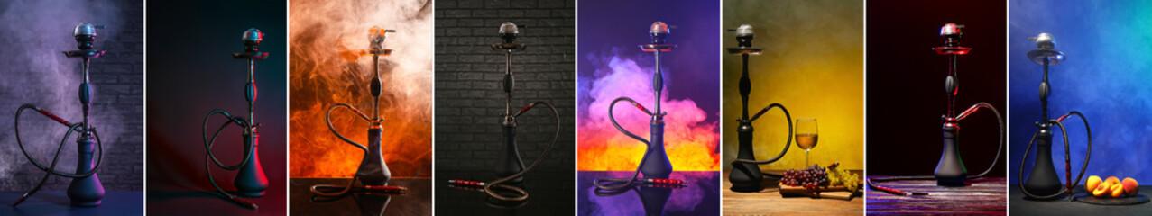 Collage with hookahs on dark color background