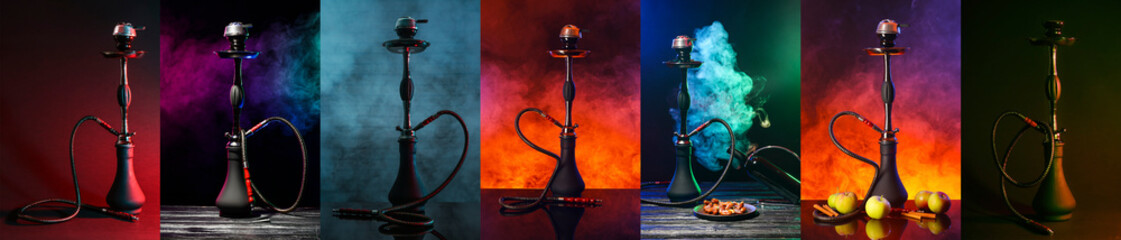 Collage with hookahs on dark color background