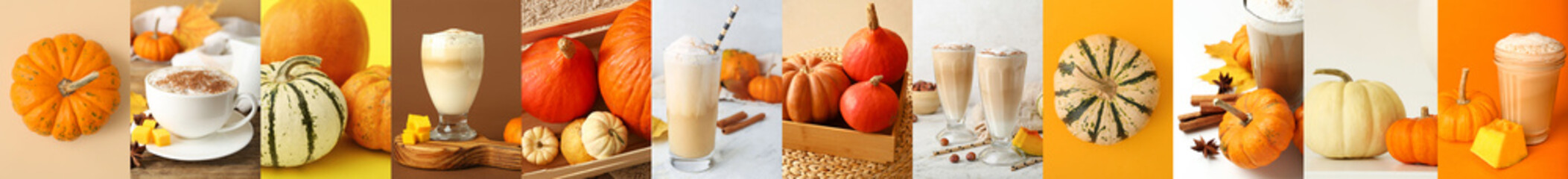 Autumn collage of fresh pumpkins and tasty coffee beverages