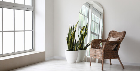 Modern living room with stylish mirror, houseplant and armchair