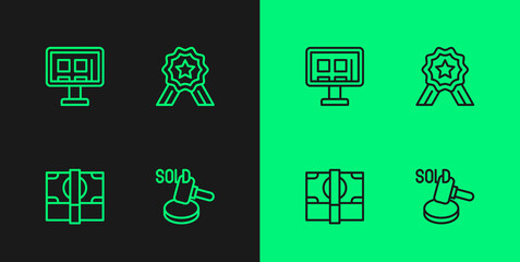 Set line Auction hammer, Stacks paper money cash, Online shopping screen and Stars rating icon. Vector