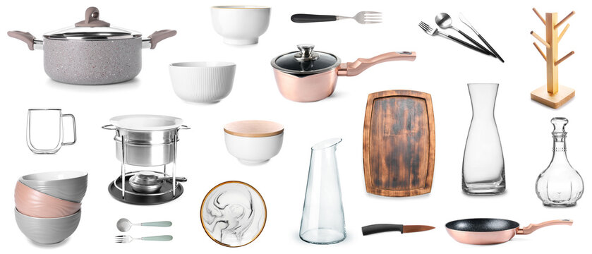 Collage of kitchen utensils on white background