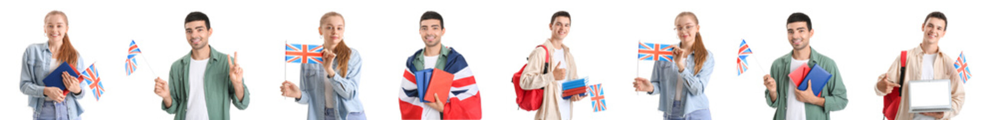 Set of young people with UK flag on white background