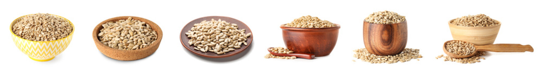 Bowls with sunflower seeds isolated on white