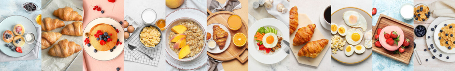 Collage of tasty breakfasts, top view