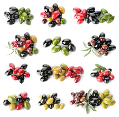 Different types of tasty olives isolated on white
