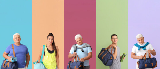 Set of people with sports bags on colorful background