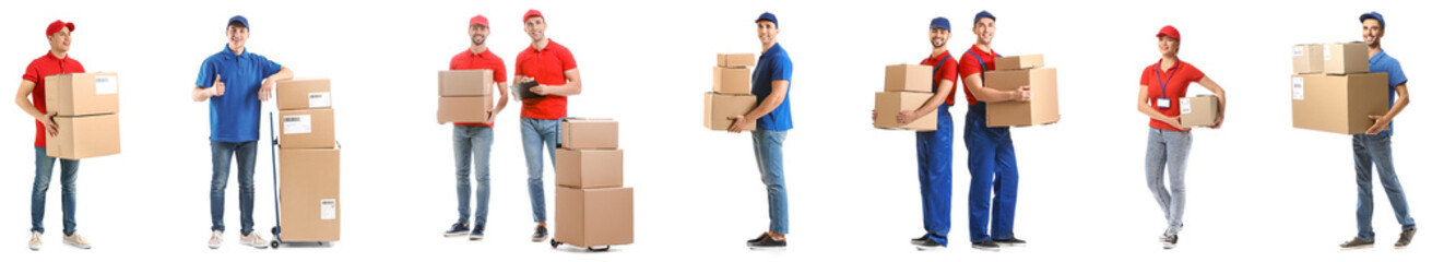 Set of couriers with parcels isolated on white