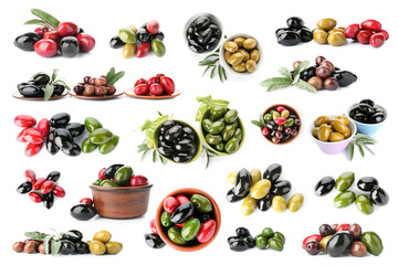 Different types of tasty olives isolated on white