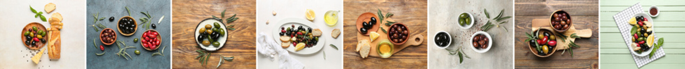 Collage with different types of tasty olives, top view
