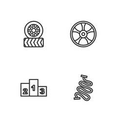 Set line Racing track, Award over sports winner podium, Car tire wheel and Alloy for car icon. Vector