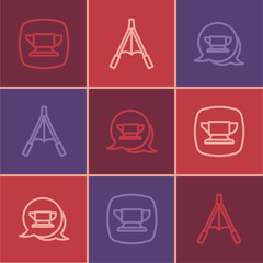 Set line Blacksmith anvil tool, and Air blower bellows icon. Vector