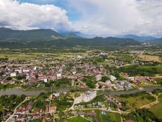 Fototapeta na wymiar aerial view of Vang Vieng city with drone, Vang Vieng Laos