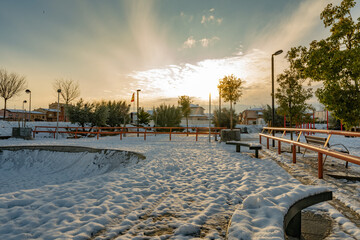park, sunrise, sunset, snow, town, city, beauty, clouds, sky, view, winter