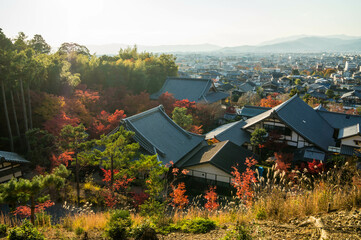 京都 高台から眺めた秋の圓光寺と京都市内の情景