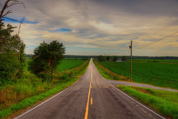 Country Road comes off a hill and drops down into a flat field between two soy bean fields.