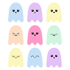 Adorable kawaii ghosts, cute pastel colours and fun sweet expressions, Halloween fun