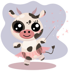 Cow in ballet dance with magic wand on stage like fairy cartoon illustration