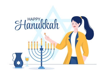 Happy Hanukkah Jewish holiday Template Hand Drawn Cartoon Flat Illustration with Menorah, Sufganiyot, Dreidel and Traditional Symbols