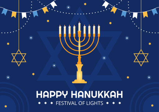 Happy Hanukkah Jewish holiday Template Hand Drawn Cartoon Flat Illustration with Menorah, Sufganiyot, Dreidel and Traditional Symbols