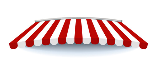 Red shop umbrella . Realistic retro striped cafe tent. Red shop umbrella . © CreativeEhvan