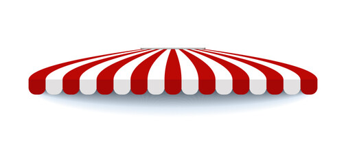 Fototapeta premium Tent canopy for shops, cafes and street restaurants. 3d canopy shop vector orange shop cafe. Striped red and white sunshade for shops, cafes and street restaurants. 3d vector illustration.