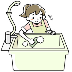 エプロンを着けてお風呂掃除をする若い女性