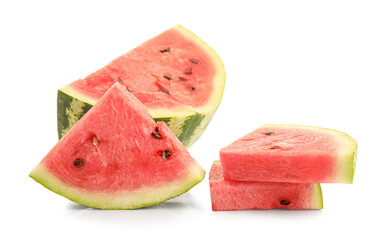 Slices of tasty watermelon on white background
