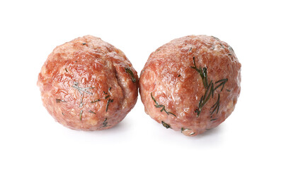 Tasty meat balls with cut dill on white background
