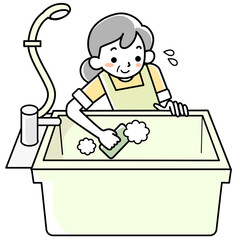 エプロンを着けてお風呂掃除をするシニア女性