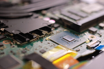 Close-up view of computer motherboard and electronic parts