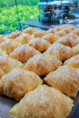 Fresh croissant on wooden table for morning breakfast