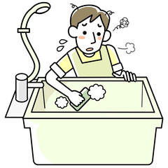 疲れた表情でお風呂掃除をする若い男性