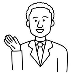 案内するアフリカ系ビジネスマン　線画