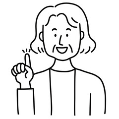 年配の女性線画：ひらめき　指差し