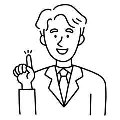 外国人ビジネスマン線画：ひらめき　指差し
