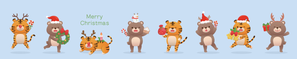8 cute baby bears and tiger mascots, Christmas costumes and Christmas elements, happy to celebrate the festival, vector cartoon style