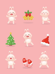 5 cute bunny mascots, elements for christmas, christmas tree with santa hats and bells, vector cartoon style
