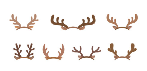 7 different antlers, antlers of elk or reindeer, christmas elements, vector cartoon style, symbol icon illustration